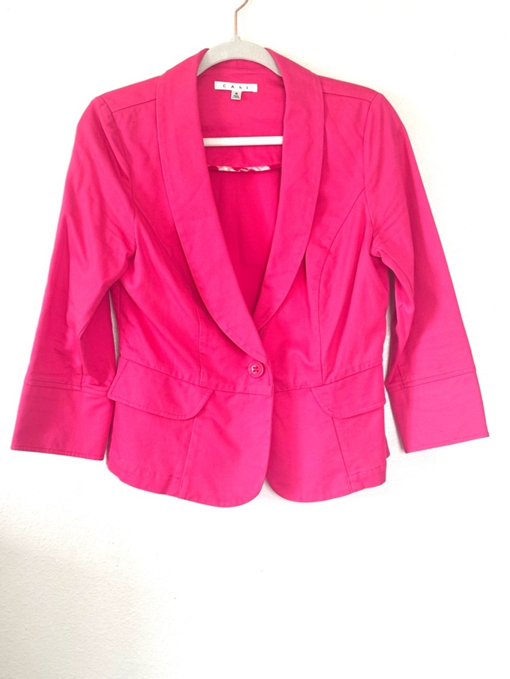 CAbi Power Pink Peplum Cotton Blazer Jacket Crop Barbie 3/4 Sleeve 8 - Picture 2 of 9